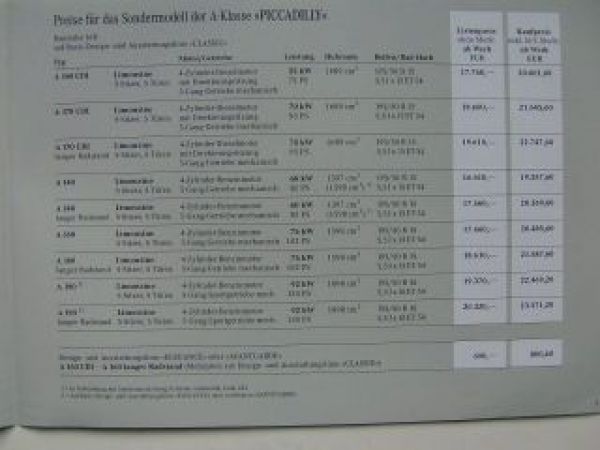 Mercedes Benz Preisliste A-Klasse BR168 Piccadilly September 200