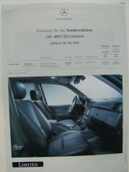 Mercedes Benz Preisliste ML 400 CDI Limited B163 Juli 2001