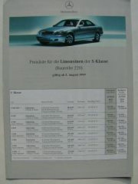 Mercedes Benz Preisliste S-Klasse BR220 August 1999
