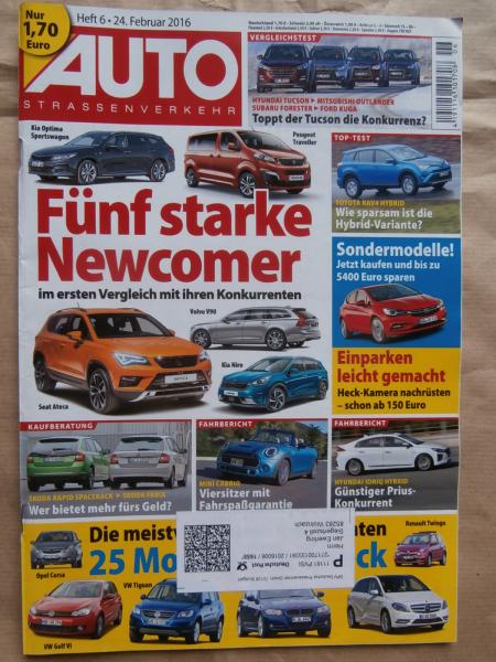 Auto Strassenverkehr 6/2016 Tucson vs. Outlander vs. Forester vs. Kuga, RAV4 Hybrid,Ioniq Hybrid, Mini Cabrio F57,