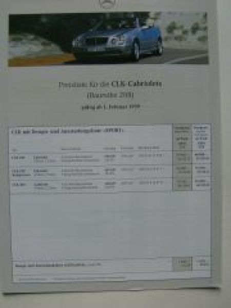 Mercedes Benz Preisliste CLK-Cabriolets  BR208 Februar 1999
