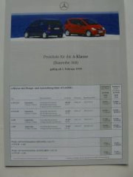 Mercedes Benz Preisliste A-Klasse  BR168 Februar 1999