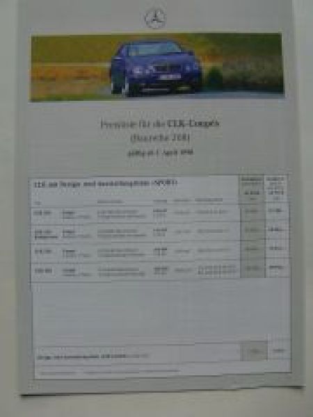 Mercedes Benz Preisliste CLK-Coupès BR208 April 1998