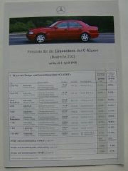 Mercedes Benz Preisliste C-Klasse Limousinen W202 April 1998