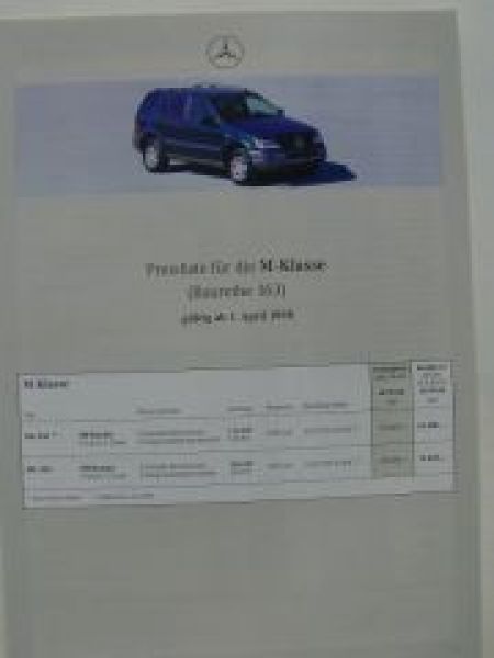 Mercedes Benz Preisliste M-Klasse BR163 April 1998