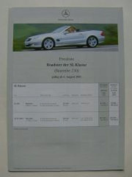 Mercedes Benz Preisliste SL-Klasse BR230 August 2001