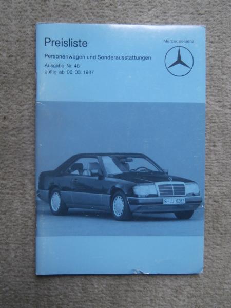 Mercedes Benz Preisliste 2.3.1987 W201 W124 +Coupés C126,R107,W126