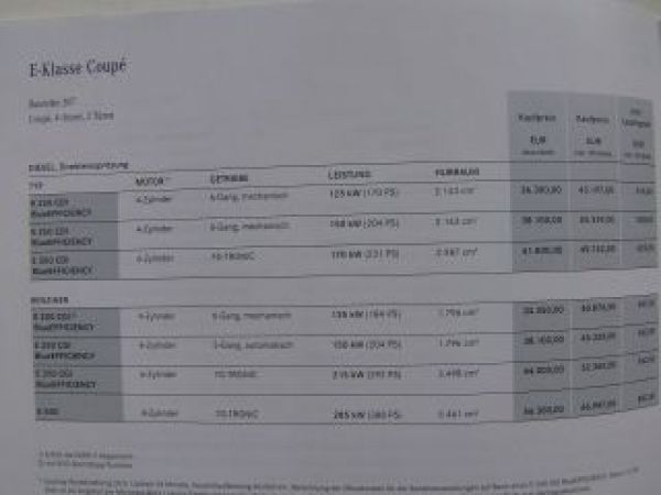 Mercedes Benz Preisliste E-Klasse Coupè BR207 Januar 2010