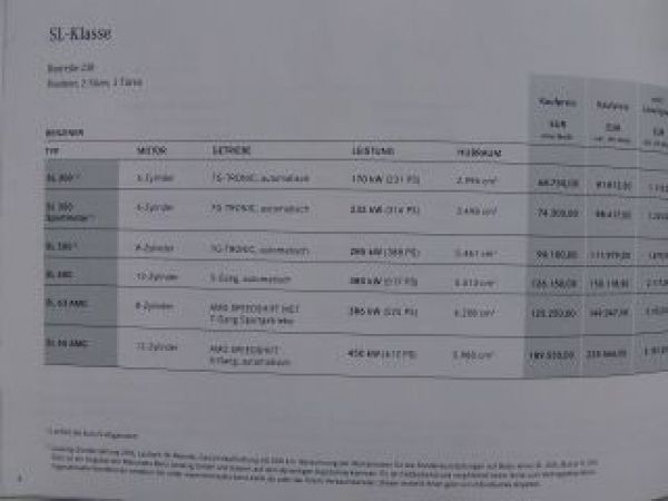 Mercedes Benz Preisliste SL-Klasse BR230 Januar 2010