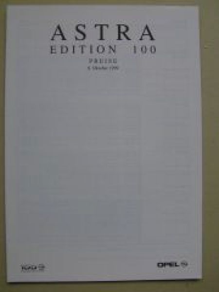Opel Preisliste Astra Edition 100 Oktober 1999 NEU