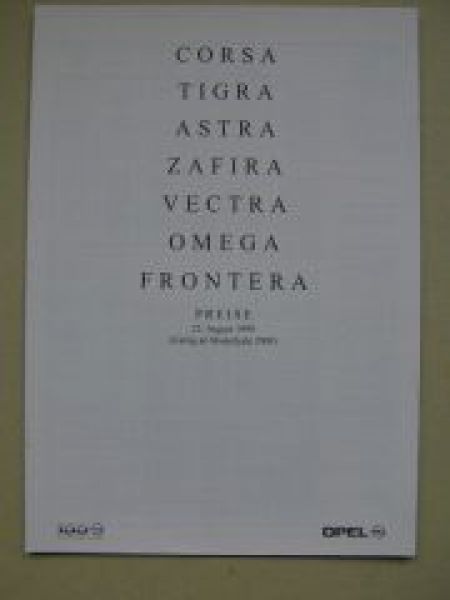 Opel Preisliste alle Modelle August 1999 NEU