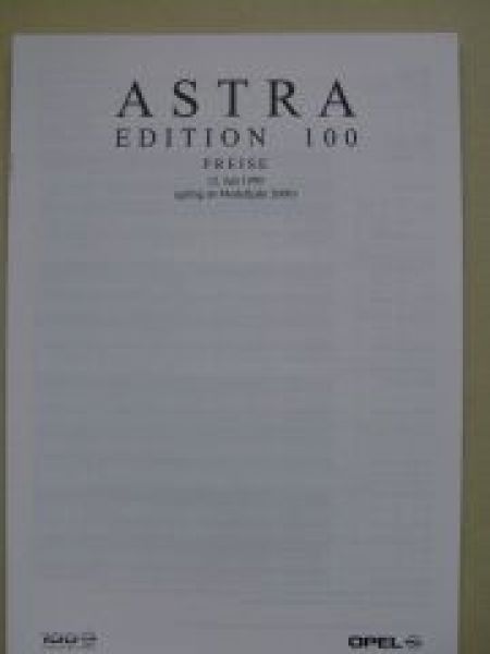 Opel Preisliste Astra Edition 100 Juli 1999 NEU