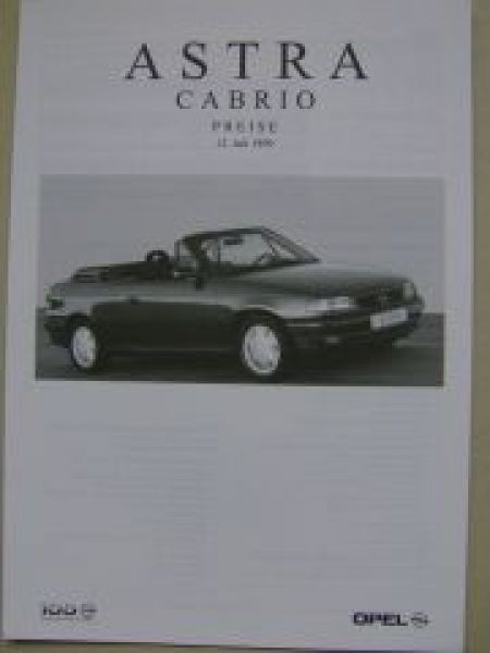 Opel Preisliste Astra Cabrio Juli 1999 NEU