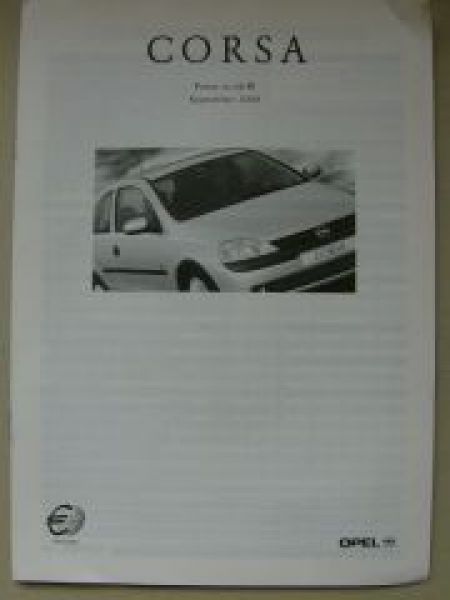 Opel Preisliste Corsa B Österreich September 2000