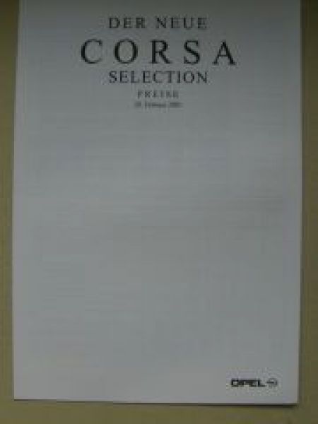 Opel Preisliste Corsa C Selection Februar 2001
