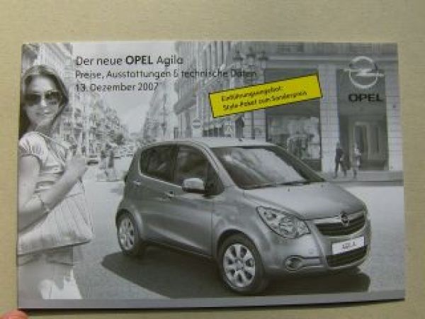 Opel Agila Preisliste Dezember 2007 NEU