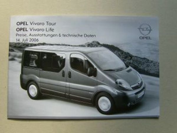 Opel Preisliste Vivaro Tour & Life Juli 2006 NEU