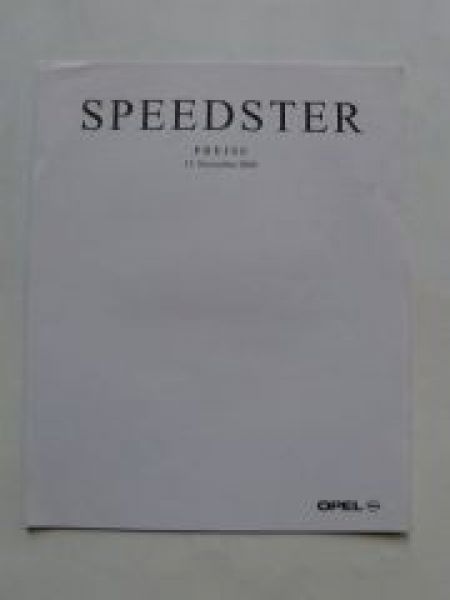 Opel Preisliste Speedster August 2001 NEU