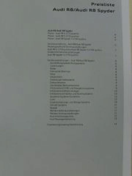 Audi Preisliste R8 4.2FSI 5.2FSI +Spyder Januar 2010 NEU