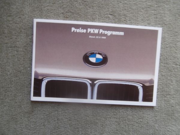 BMW Preisliste 22.8.1988 316i-325iX E30 +Cabrio +M3,touring,520i-M5 E34,730 735i 750i E32,635CSI +M6 E24