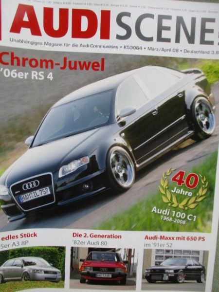 Audi Scene 2/2008 A3 (8P),80 Avant Quattro,RS4,A3,A2,40 Jahre Audi 100C1 +S,S2 Coupé,TT Coupé 8N,Typ81
