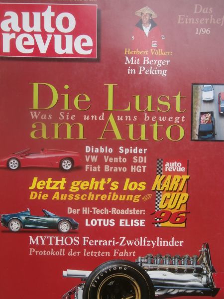 auto revue 1/1996 Diablo Spider,VW Vento SDi, Fiat Bravo HGT,Lotus Elise,V-Klasse BR238,Voyager,Polo Classic