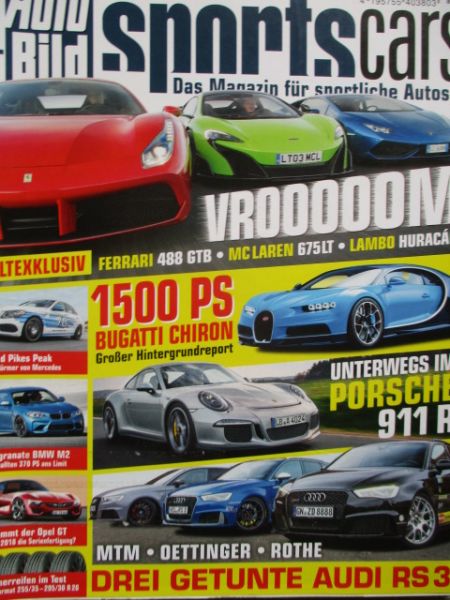Auto Bild sportscars 4/2016 488GTB vs. McLaren 675LT vs. Hracan,C250 Pikes Peak,M2 F87,Porsche 911R,Audi RS3 von MTM