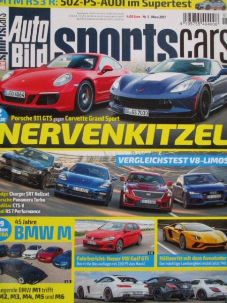 Auto Bild sportscars 3/2017 MTM RS3 R, 911GTS vs. Corvette Grand Sport,Charger SRT Hellcat vs. Panamera Turbo vs. CTS-V