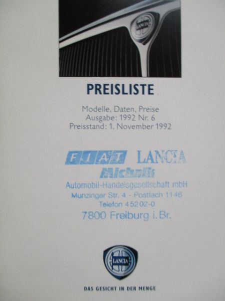 Lancia Preisliste Y10 Delta Dedra Thema +Station Wagon Preisliste 1.November 1992