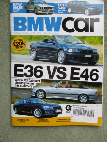 BMW car 10/2020 E36 vs. E46 Cabriolet, M535i E12, 545i E61 Touring, X5 E70,740Li G12,