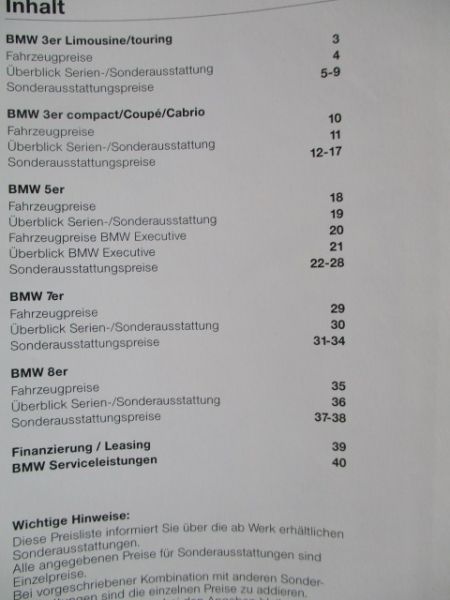 BMW 3er Reihe E36 +compact E36/5, E34 +touring +Executive, 7er E38,8er E31 Preisliste 6.März 1995