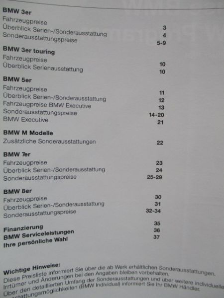 BMW 3er Reihe E36 +M3, E30 Touring, E34 +Executive, 7er E32 +Highline,8er Preisliste Januar 1994
