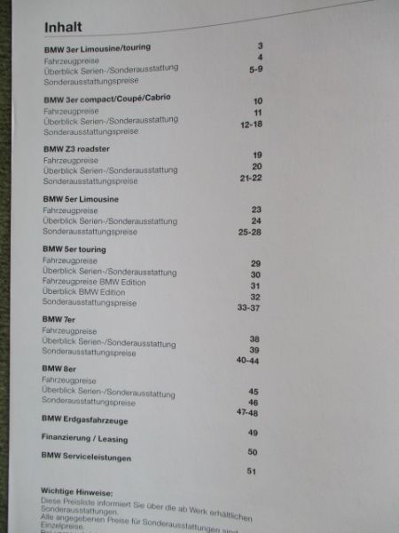 BMW 3er Reihe E36 +compact E36/5,Z3 roadster, 5er Reihe E39, E34 Touring Edition,7er E38,8er E31,Erdgasfahrzeuge 2.Januar 1996