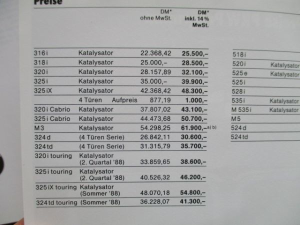 BMW 316i katalysator-M3 E30,touring,Cabrio,518i-M535i Kat E28,524d/td +Edition,E32,E24 Preisliste Oktober 1987