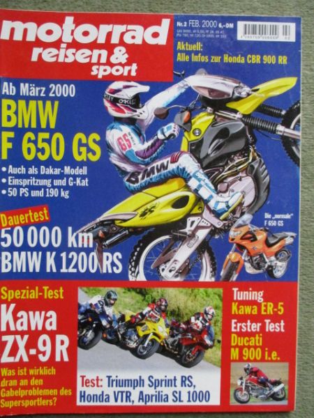 motorrad reisen & sport 2/2000 Triumph Sprint RS,Honda VTR,Aprilia SL1000,Kawas ER-5 Tuning,Ducati M 900 i.e.,BMW F650GS