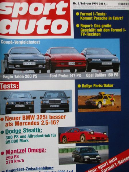 sport auto 2/1991 Dodge Stealth, Mantzel Omega A,Dauertest Vectra 2000 4x4,BMW 325i E36 vs. 190E 2.5-16 W201,