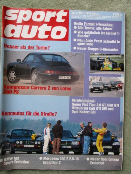 sport auto 3/1991 Porsche Lotec 911 Carrera2,BMW M3 E30 Sport Evolution vs. 190E 2.5-16 Evolution2 vs. Omega Evolution,