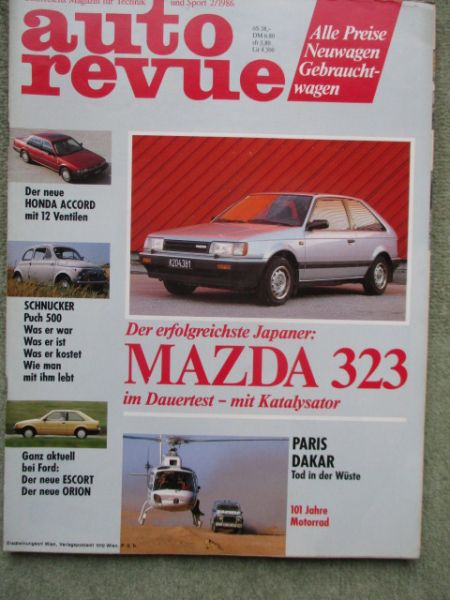 auto revue 2/1986 Honda Accord,Mazda 323 GTX Kat Dauertest,Steyr Puch,Ford Sierra Cosworth