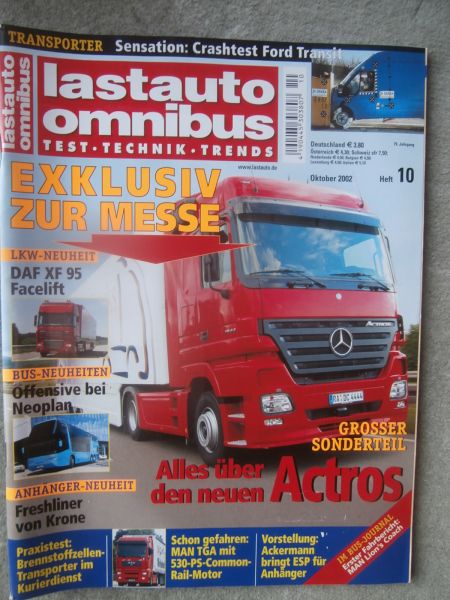 lastauto omnibus 10/2002 DAF XF95,MAN TGA 18.530,Crashtest Ford Transit Katenwagen,MAN Lions Coach