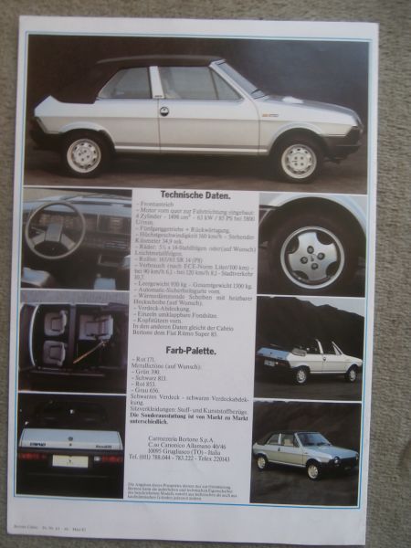 Fiat Bertone Cabrio 63kw/85ps Prospekt Deutsch März 1982 Rarität