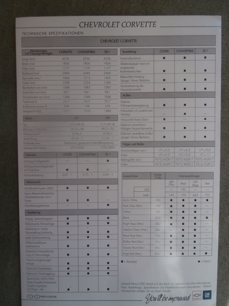 Chevrolet Corvette Coupé Convertibel LT1 LT5 ZR-1 Deutscher Prospekt 1992 C4