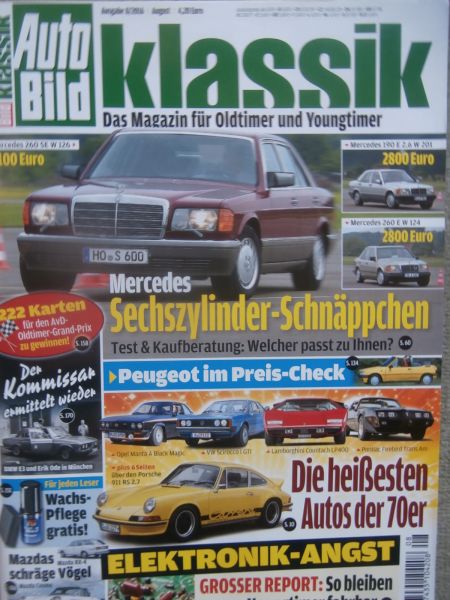 Auto Bild klassik 8/2016 BMW E3 und Erik Ode,Mazda RX-4 Cosmo,Countach LP400,Manta A Black Magic,260E W124,W201,260SE W126