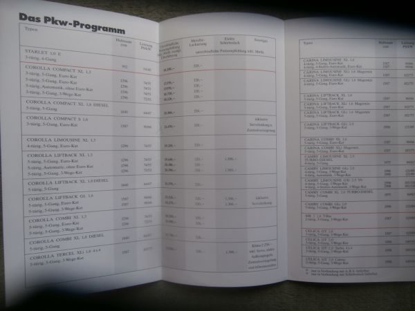 Toyota Preisliste 18.4.1989 Starlet Corolla Carina Camry MR2 Celica Supra Landcruiser LiteAce Hiace Hilux