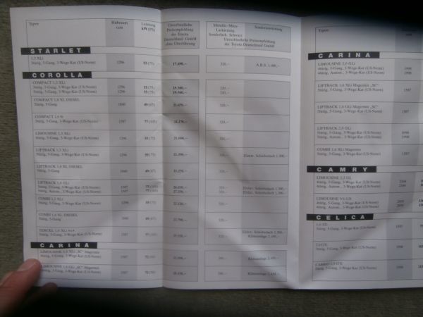 Toyota Preisliste 2.8.1993 Starlet Corolla Carina Camry Celica MR2 Supra Previa 4-Runner Landcruiser