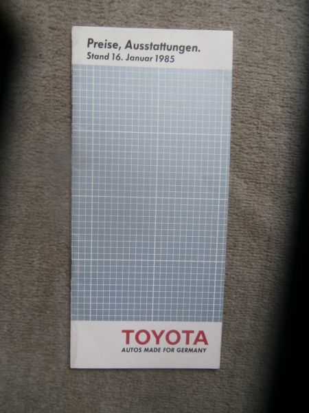 Toyota Preisliste 16. Januar 1985 Starlet Tercel Corolla Carina Camry Celica Supra Model F Land Cruiser