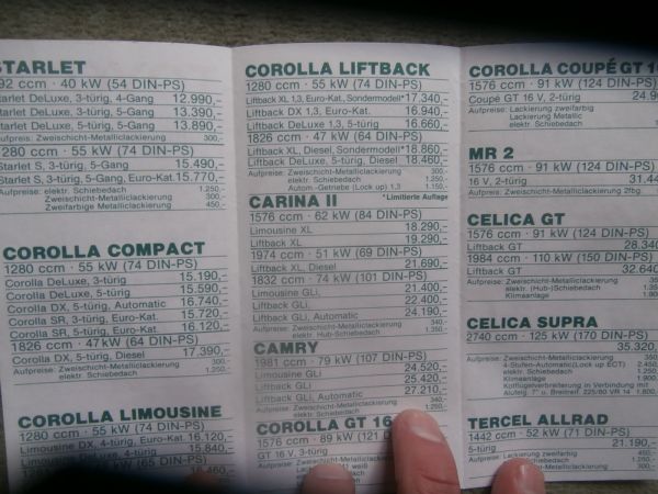 Toyota Preisliste 28. Juli 1986 Starlet Corolla Carina2, Camry,Corolla GT16V,MR2,Celica,supra,Tercel Landcruiser Model F Liteace Hiace