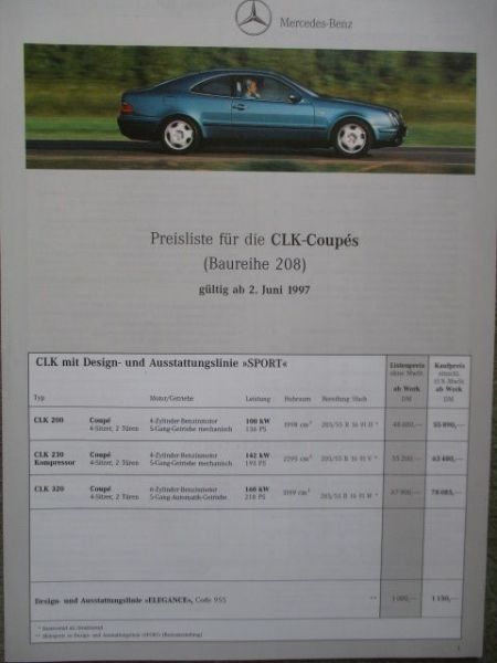 Mercedes Benz CLK200 230 Kompressor 320 2.Juni 1997 W208 Preisliste