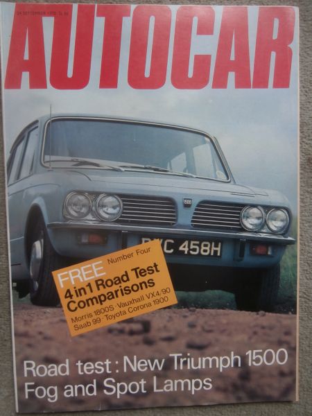 Autocar 24.9.1970 Triumph 1500,Morris 1800S vs. Vauxhall VX4/90 vs. Saab 99 vs. Toyota Corona 1900,VW K70