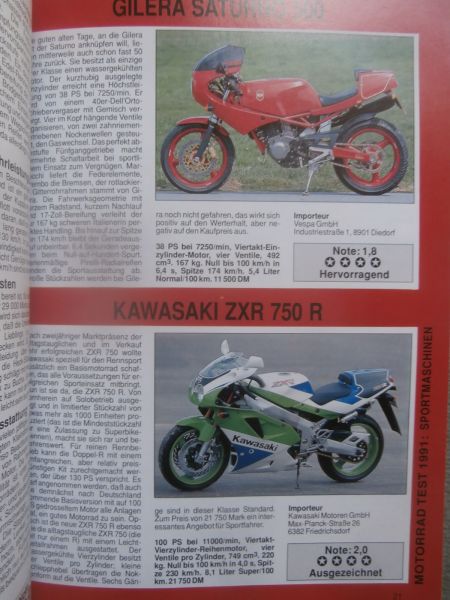 Motorrad Test 1991 Sportler Allroundler Roller Tourer Chopper Enduros +Gespanne Aprilia 125,Kawasaki Zephyr,BMW R100GS