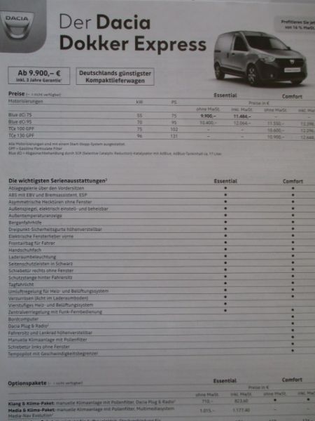 Dacia Dokker Express Preisliste Juli 2020